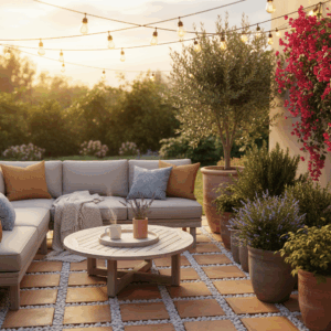 Praktische woon- en tuingids illustratie met inspiratie voor interieur, verlichting, opbergoplossingen en tuinontwerp